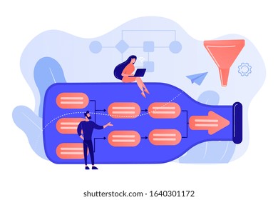 Pequeñas personas de negocios en botellas buscando el sistema con menor capacidad. Análisis de cuello de botella, control de cuellos de botella, concepto de mejora del flujo de trabajo. Ilustración aislada del vector azul de coral rosa