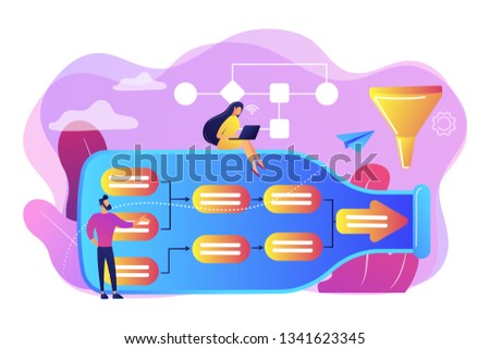 Tiny business people at bottle looking for system least capacity. Bottleneck analysis, bottlenecking control, workflow improvement concept. Bright vibrant violet vector isolated illustration
