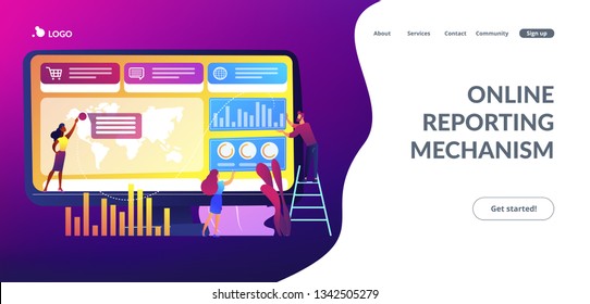 Tiny business people build dashboard and analyze statistics. Dashboard service, online reporting mechanism, key performance indicators concept. Website vibrant violet landing web page template.