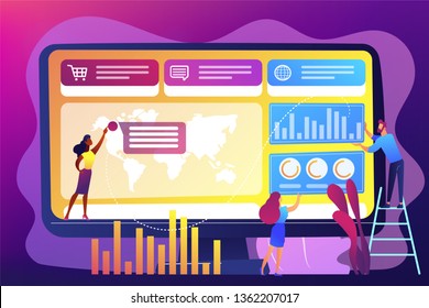 Tiny business people build dashboard and analyze statistics. Dashboard service, online reporting mechanism, key performance indicators concept. Bright vibrant violet vector isolated illustration
