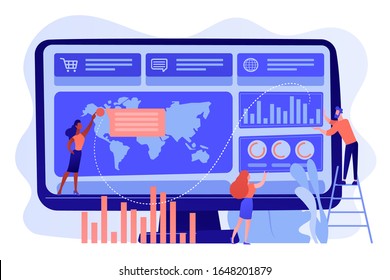 Tiny business people build dashboard and analyze statistics. Dashboard service, online reporting mechanism, key performance indicators concept. Pinkish coral bluevector isolated illustration