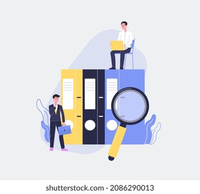 Tiny business people characters against huge paper folders, flat vector illustration. Business document workflow and regulatory compliance thematic of banner.
