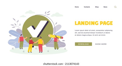 Tiny business people with checkmark. Check in checklist, woman thanking man for good job flat vector illustration. Job done, time management concept for banner, website design or landing web page