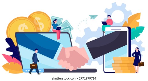 Tiny business people dealing online isolated flat vector illustration. Partners, sponsors and investors investing money in startup. Handshake, partnership and teamwork concept