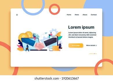 Pequeñas personas de negocios que manejan ilustraciones de vectores planos aislados en línea. Socios, patrocinadores e inversores que invierten dinero en la creación. Concepto de apretón de manos, asociación y trabajo en equipo