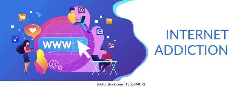 Tiny business people with digital devices at big globe surfing internet. Internet addiction, real-life substitution, living online disorder concept. Header or footer banner template with copy space.