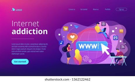 Tiny business people with digital devices at big globe surfing internet. Internet addiction, real-life substitution, living online disorder concept. Website vibrant violet landing web page template.