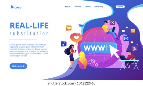 Tiny business people with digital devices at big globe surfing internet. Internet addiction, real-life substitution, living online disorder concept. Website vibrant violet landing web page template.
