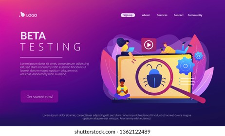 Tiny business people with digital devices testing demo software. Beta testing, new product testing, presale user experience concept. Website vibrant violet landing web page template.