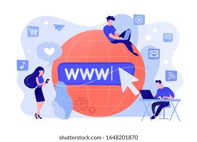 Tiny business people with digital devices at big globe surfing internet. Internet addiction, real-life substitution, living online disorder concept. Pinkish coral bluevector isolated illustration