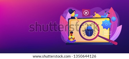 Tiny business people with digital devices testing demo software. Beta testing, new product testing, presale user experience concept. Header or footer banner template with copy space.