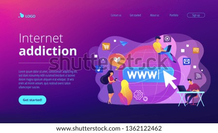 Tiny business people with digital devices at big globe surfing internet. Internet addiction, real-life substitution, living online disorder concept. Website vibrant violet landing web page template.