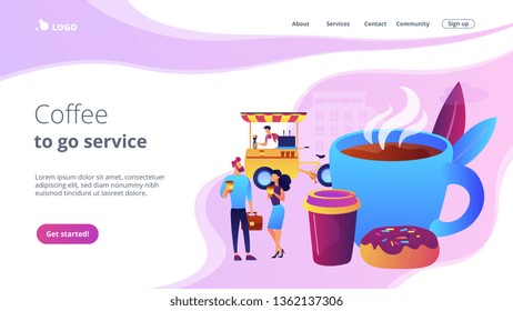 Tiny business people drinking coffee in the street, food cart and huge cup and donut. Street coffee, coffee to go service, street hot drinks concept. Website homepage landing web page template.