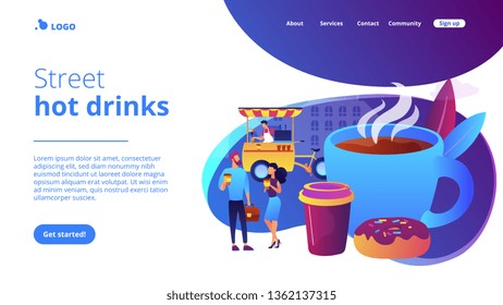Tiny business people drinking coffee in the street, food cart and huge cup and donut. Street coffee, coffee to go service, street hot drinks concept. Website homepage landing web page template.