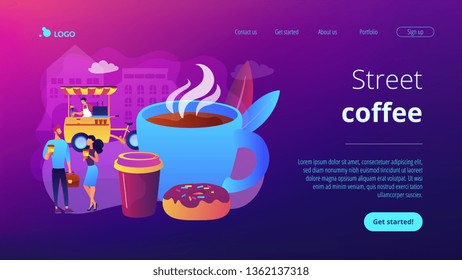Tiny business people drinking coffee in the street, food cart and huge cup and donut. Street coffee, coffee to go service, street hot drinks concept. Website homepage landing web page template.