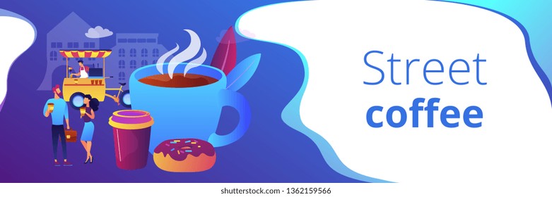 Tiny business people drinking coffee in the street  food cart   huge cup   donut  Street coffee  coffee to go service  street hot drinks concept  Header footer banner template and copy space 
