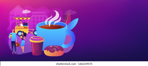 Tiny business people drinking coffee in the street, food cart and huge cup and donut. Street coffee, coffee to go service, street hot drinks concept. Header or footer banner template with copy space.