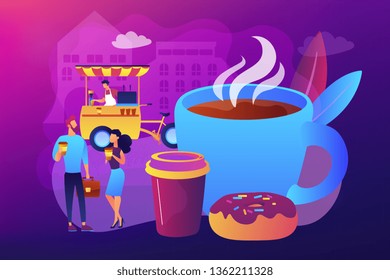Kleine Geschäftsleute trinken Kaffee auf der Straße, Speisekarte und riesige Tasse und Donut. Straßenkaffee, Kaffee zum Mitnehmen, Straßenwarme Getränke Konzept. Helle, lebendige violette Vektorgrafik einzeln