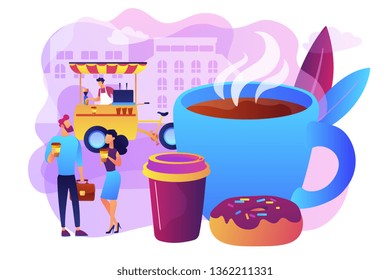 Tiny business people drinking coffee in the street, food cart and huge cup and donut. Street coffee, coffee to go service, street hot drinks concept. Bright vibrant violet vector isolated illustration