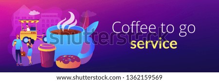 Tiny business people drinking coffee in the street, food cart and huge cup and donut. Street coffee, coffee to go service, street hot drinks concept. Header or footer banner template with copy space.