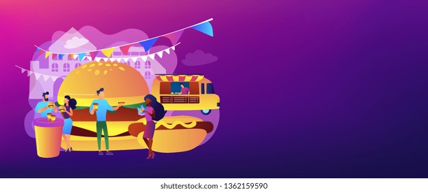 Tiny business people eating burgers and hot dogs in the street at truck on festival. Street food, city food truck, street food festival concept. Header or footer banner template with copy space.