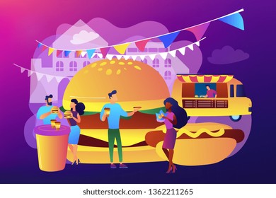 Tiny business people eating burgers and hot dogs in the street at truck on festival. Street food, city food truck, street food festival concept. Bright vibrant violet vector isolated illustration