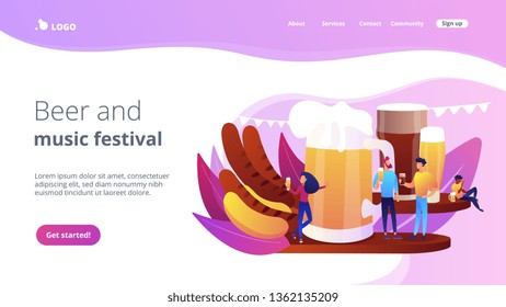 Tiny business people at festival talking and drinking beer, huge mug and sausages. Beer fest, street brewing, beer and music festival concept. Website homepage landing web page template.