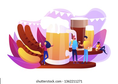 Tiny business people at festival talking and drinking beer, huge mug and sausages. Beer fest, street brewing, beer and music festival concept. Bright vibrant violet vector isolated illustration