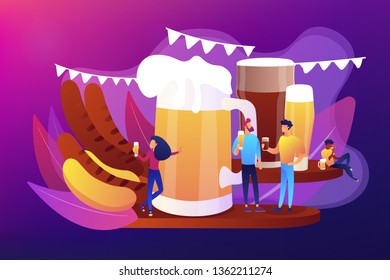 Tiny business people at festival talking and drinking beer, huge mug and sausages. Beer fest, street brewing, beer and music festival concept. Bright vibrant violet vector isolated illustration