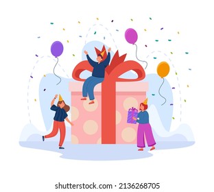 Tiny business people or friends with birthday or Christmas gift. Party for happy cartoon characters, present box with surprise flat vector illustration. Celebration, decoration concept for banner
