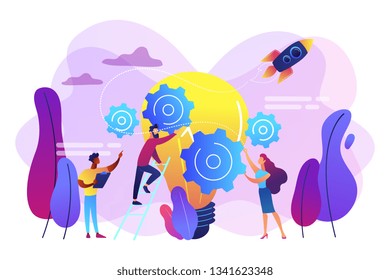 Tiny business people generating ideas and holding gears at big light bulb. Idea management, alternative thinking, best solution choice concept. Bright vibrant violet vector isolated illustration