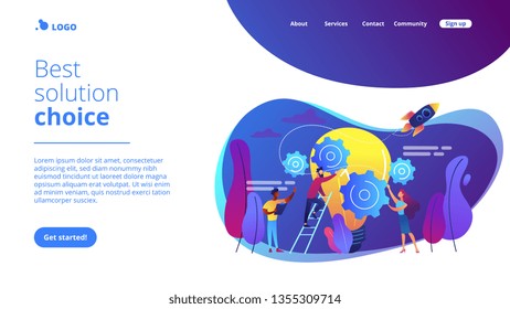 Tiny business people generating ideas and holding gears at big light bulb. Idea management, alternative thinking, best solution choice concept. Website vibrant violet landing web page template.