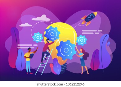 Tiny business people generating ideas and holding gears at big light bulb. Idea management, alternative thinking, best solution choice concept. Bright vibrant violet vector isolated illustration
