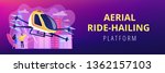 Tiny business people go on trip in aerial taxi in the city. Aerial taxi service, aerial ride-hailing platform, flying transport development concept. Header or footer banner template with copy space.