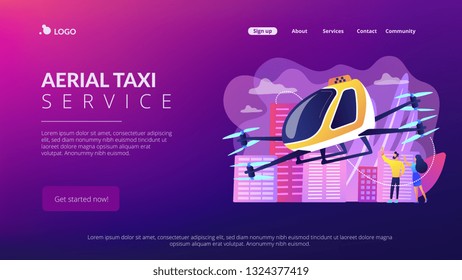 Tiny business people go on trip in aerial taxi in the city. Aerial taxi service, aerial ride-hailing platform, flying transport development concept. Website vibrant violet landing web page template.