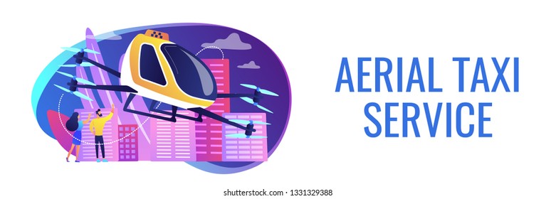 Minúsculos empresários fazem uma viagem de táxi aéreo na cidade. Serviço de táxi aéreo, plataforma de transporte aéreo, conceito de desenvolvimento de transporte aéreo. Modelo de banner de cabeçalho ou rodapé com espaço de cópia.