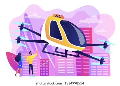 Minúsculos empresários fazem uma viagem de táxi aéreo na cidade. Serviço de táxi aéreo, plataforma de transporte aéreo, conceito de desenvolvimento de transporte aéreo. Ilustração isolada de vetor violeta vibrante brilhante