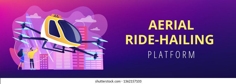 Tiny business people go on trip in aerial taxi in the city. Aerial taxi service, aerial ride-hailing platform, flying transport development concept. Header or footer banner template with copy space.