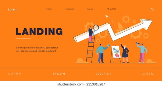 Tiny business people with growing graph of progress report. Company teamwork on performance boost, market promotion plan flat vector illustration. Success, leadership in office, achievement concept