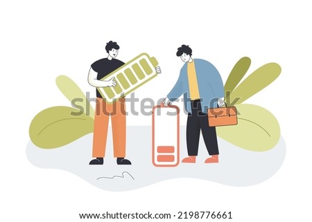 Tiny business people holding battery with low and high energy. Positive and sad male office workers flat vector illustration. Burnout, recharge concept for banner, website design or landing web page
