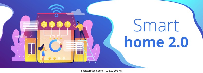 Tiny business people at innovative smart home automation system. Smart home 2.0, next generation IoT, home with cognitive intelligence concept. Header or footer banner template with copy space.