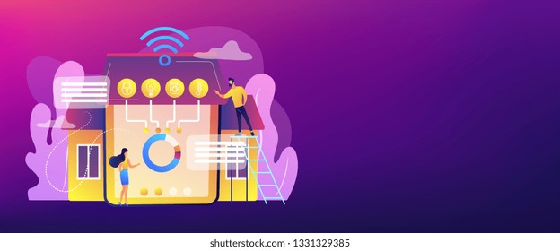 Pequeñas personas de negocios en un innovador sistema de automatización del hogar inteligente. Smart home 2.0, IoT de próxima generación, hogar con concepto de inteligencia cognitiva. Plantilla de banner de encabezado o pie de página con espacio de copia.