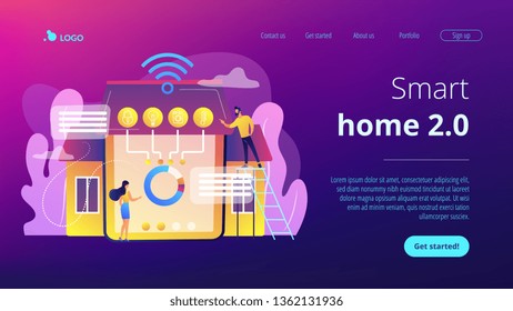 Tiny business people at innovative smart home automation system. Smart home 2.0, next generation IoT, home with cognitive intelligence concept. Website vibrant violet landing web page template.
