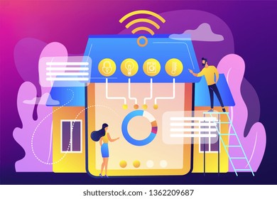 Tiny business people at innovative smart home automation system. Smart home 2.0, next generation IoT, home with cognitive intelligence concept. Bright vibrant violet vector isolated illustration