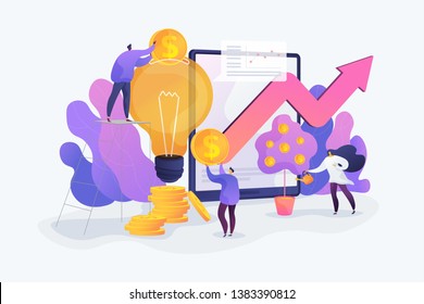 Tiny business people investing into innovation with high potential. Venture capital, venture investment, venture financing and business angel concept. Vector isolated concept creative illustration. - Shutterstock ID 1383390812