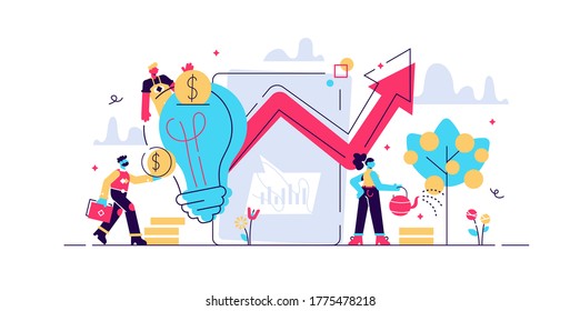 Tiny business people investing into innovation with high potential. Venture capital, venture investment, venture financing and business angel concept. Vector isolated concept creative illustration.