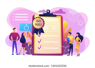 Tiny business people like standard for quality control. Standard for quality control, ISO 9001 standard, international certification concept. Bright vibrant violet vector isolated illustration