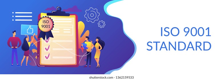 Tiny business people like standard for quality control. Standard for quality control, ISO 9001 standard, international certification concept. Header or footer banner template with copy space.