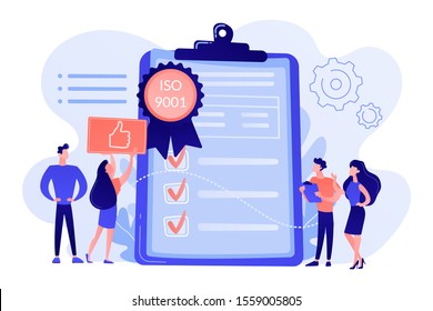 Tiny business people like standard for quality control. Standard for quality control, ISO 9001 standard, international certification concept. Pink coral blue vector isolated illustration