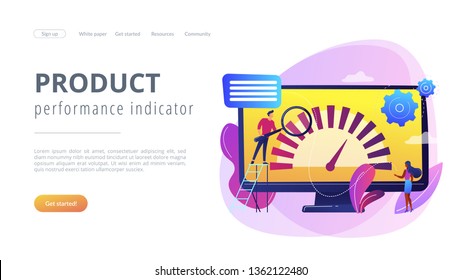 Tiny business people look at product performance indicator. Benchmark testing, benchmarking software, product performance indicator concept. Website vibrant violet landing web page template.